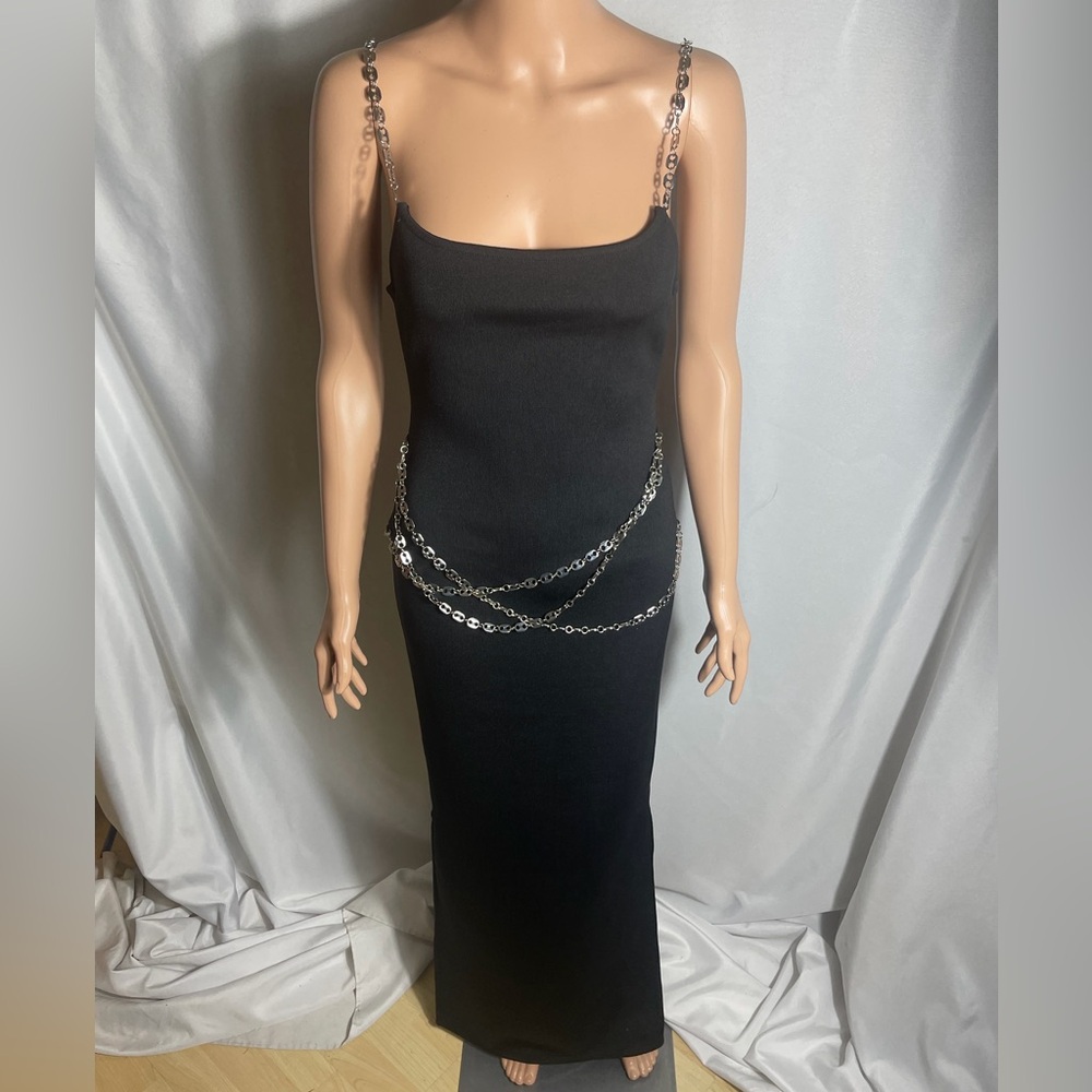 Black Bodycon Maxi Dress Chain Strap Detail Size Small Slit Sides